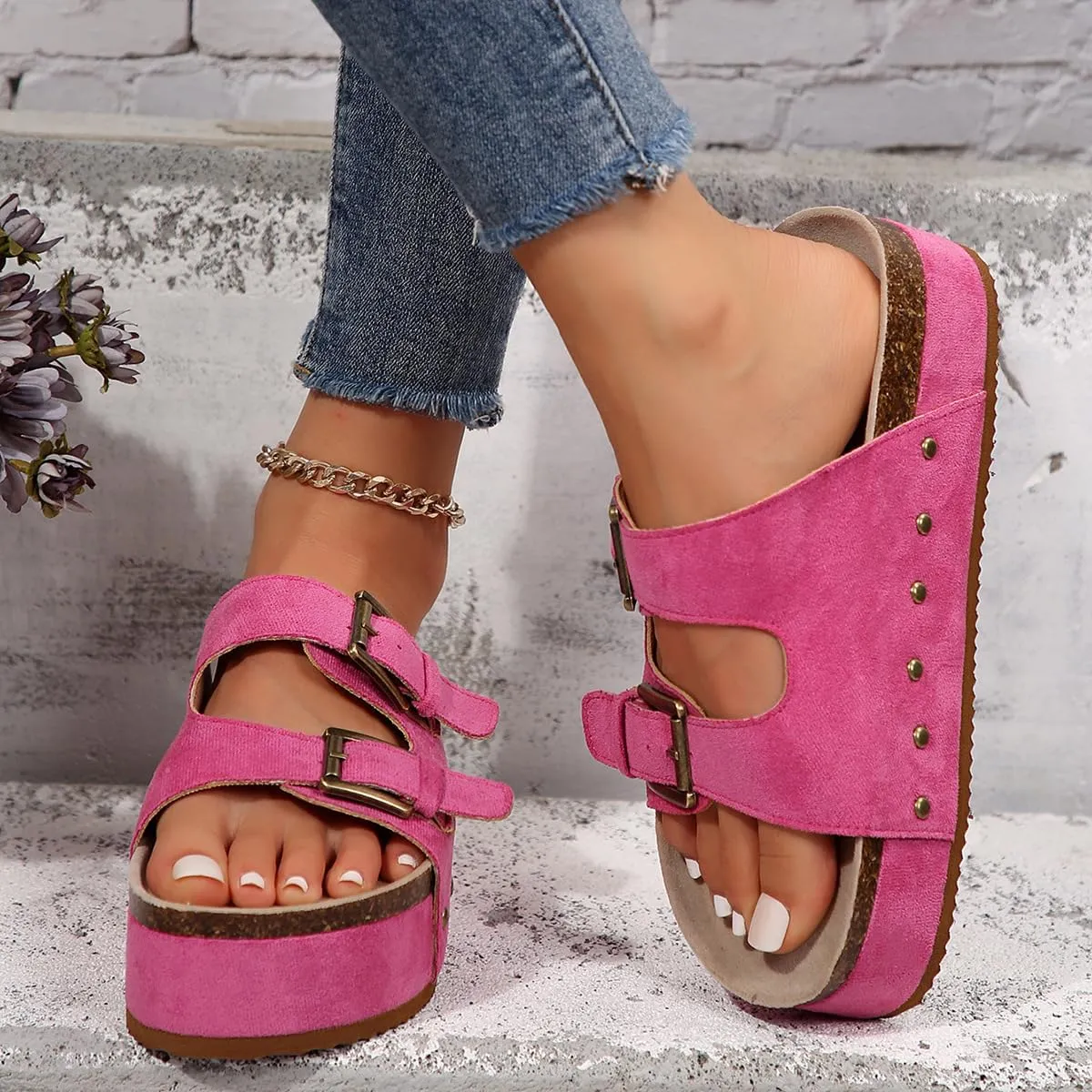 Platform Sandals Women Chunky Y2K, Women's Suede Slip On Flatform Slippers Comfortable with Cork Footbed Studded Flatform Sandals Adjustable Buckle Straps Flat Clogs Open Toe Slide Sandal