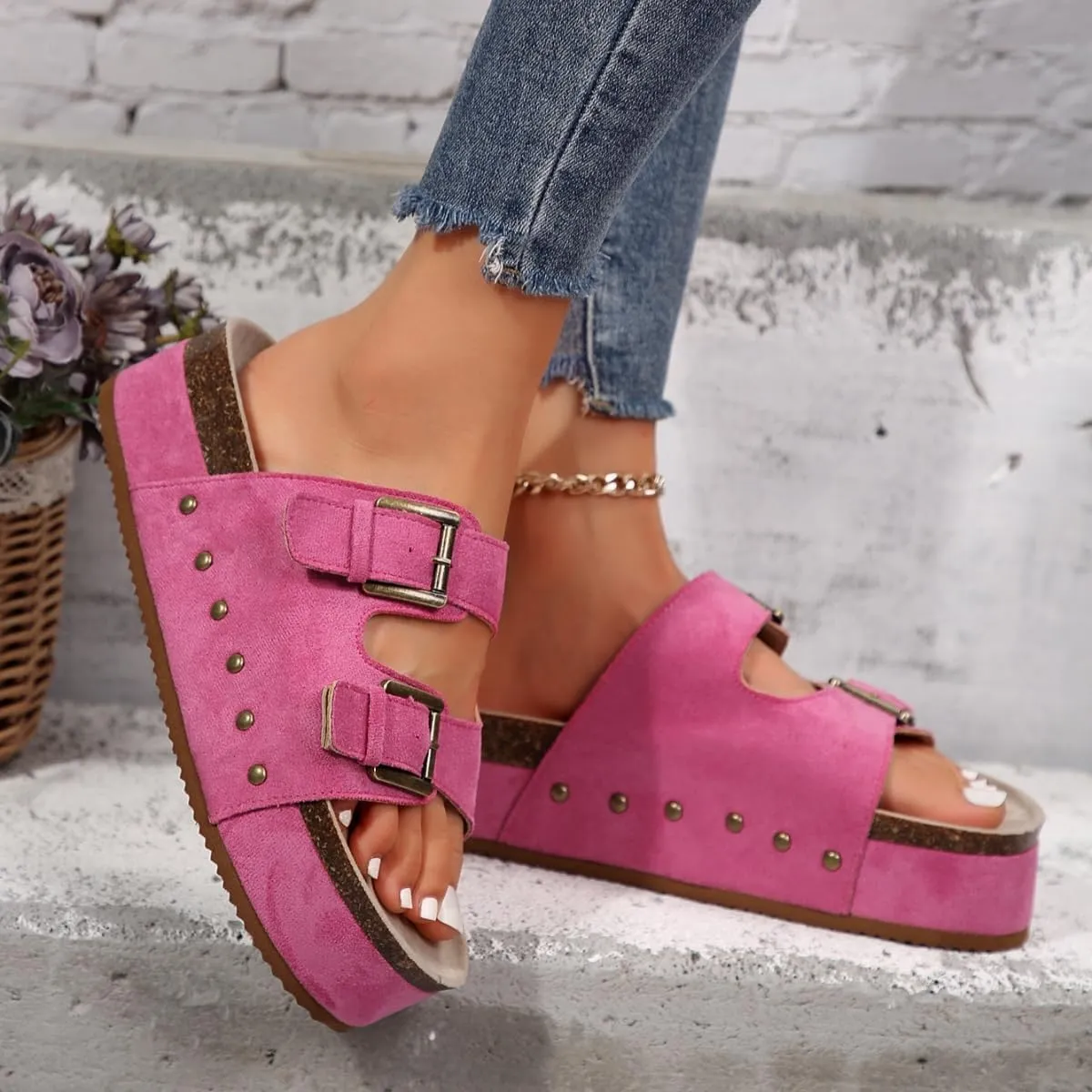 Platform Sandals Women Chunky Y2K, Women's Suede Slip On Flatform Slippers Comfortable with Cork Footbed Studded Flatform Sandals Adjustable Buckle Straps Flat Clogs Open Toe Slide Sandal