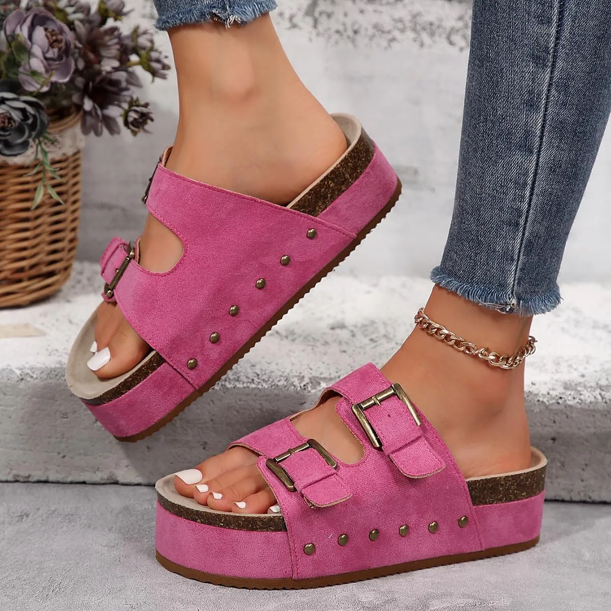 Platform Sandals Women Chunky Y2K, Women's Suede Slip On Flatform Slippers Comfortable with Cork Footbed Studded Flatform Sandals Adjustable Buckle Straps Flat Clogs Open Toe Slide Sandal