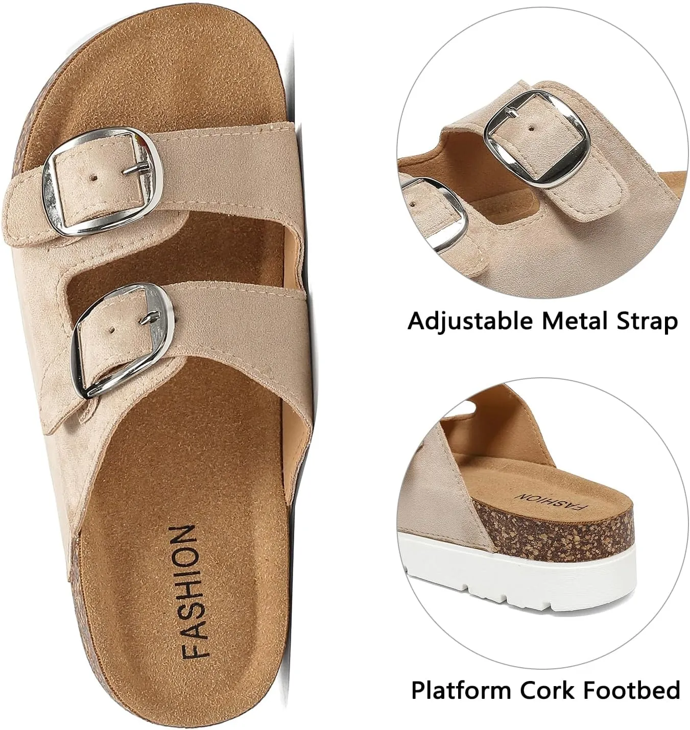 Platform Sandals Women With Cork Footbed, Non Slip On Slides With Adjustable Double Buckle, Open Toe Summer Chunky Shoes With Memory Foam Insole Wedge
