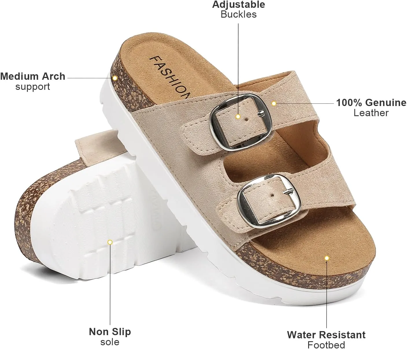 Platform Sandals Women With Cork Footbed, Non Slip On Slides With Adjustable Double Buckle, Open Toe Summer Chunky Shoes With Memory Foam Insole Wedge