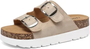 Platform Sandals Women With Cork Footbed, Non Slip On Slides With Adjustable Double Buckle, Open Toe Summer Chunky Shoes With Memory Foam Insole Wedge