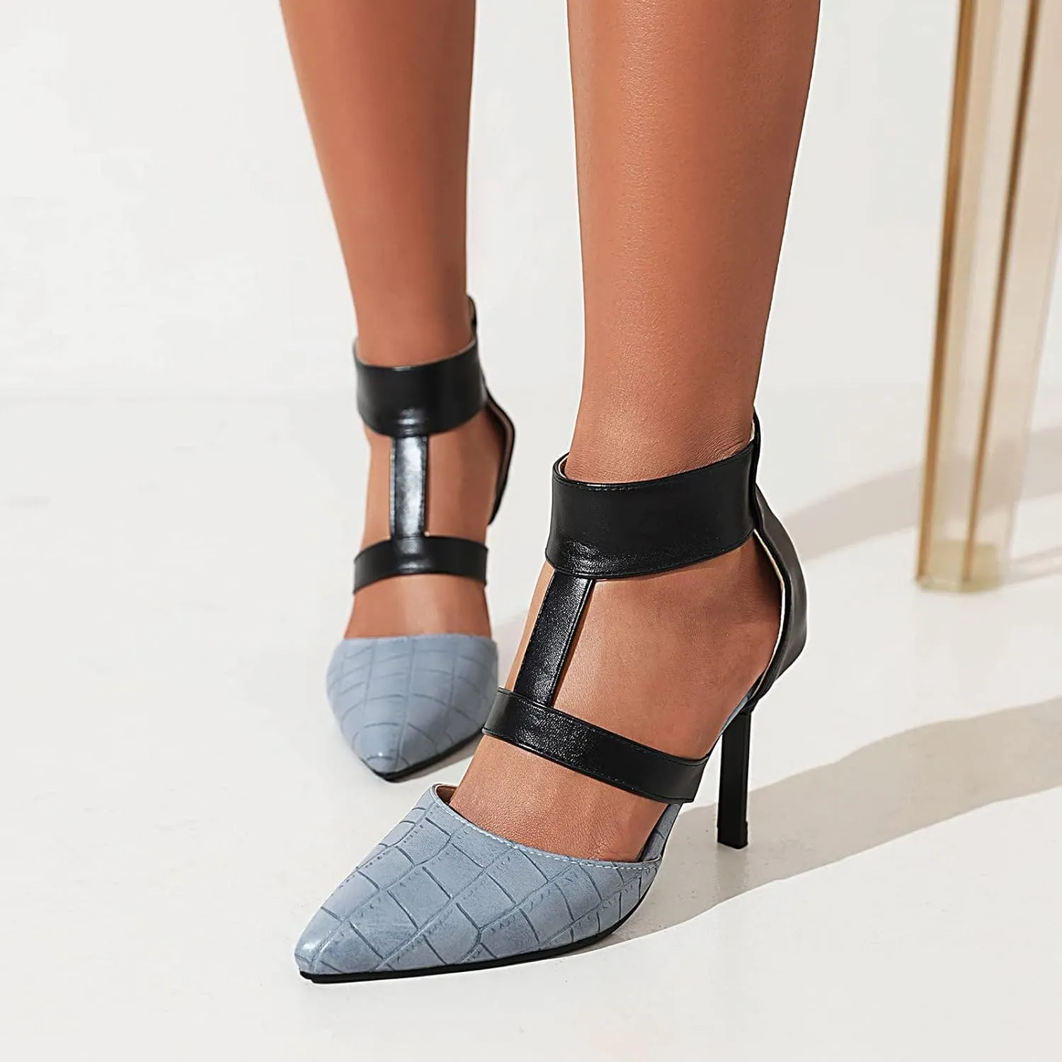 Pointed Toe Stilettos for Women Dressy Summer Fashion Back Zip Ankle Strap Hollow Closed Toe Super High Heel Sandals Comfy Casual Plaid Shoes