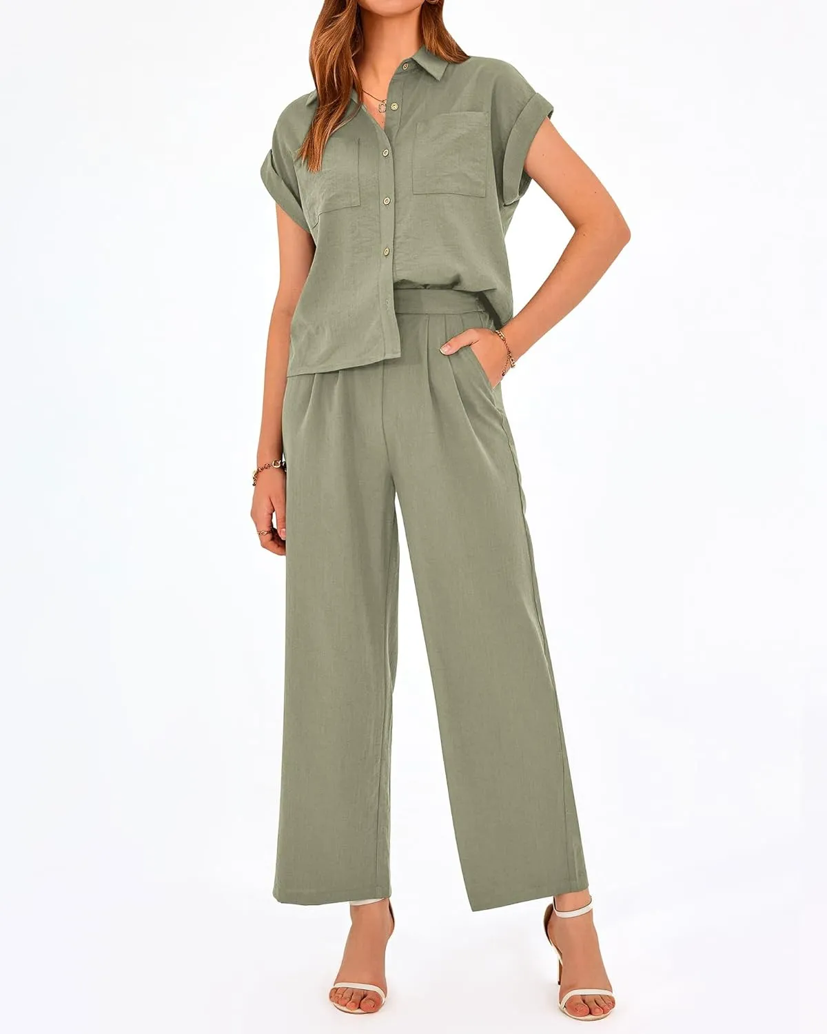 PRETTYGARDEN Womens 2 Piece sets Summer Cap Sleeve Tops Palazzo Pants Dressy Casual Vacation Travel Outfits Tracksuits