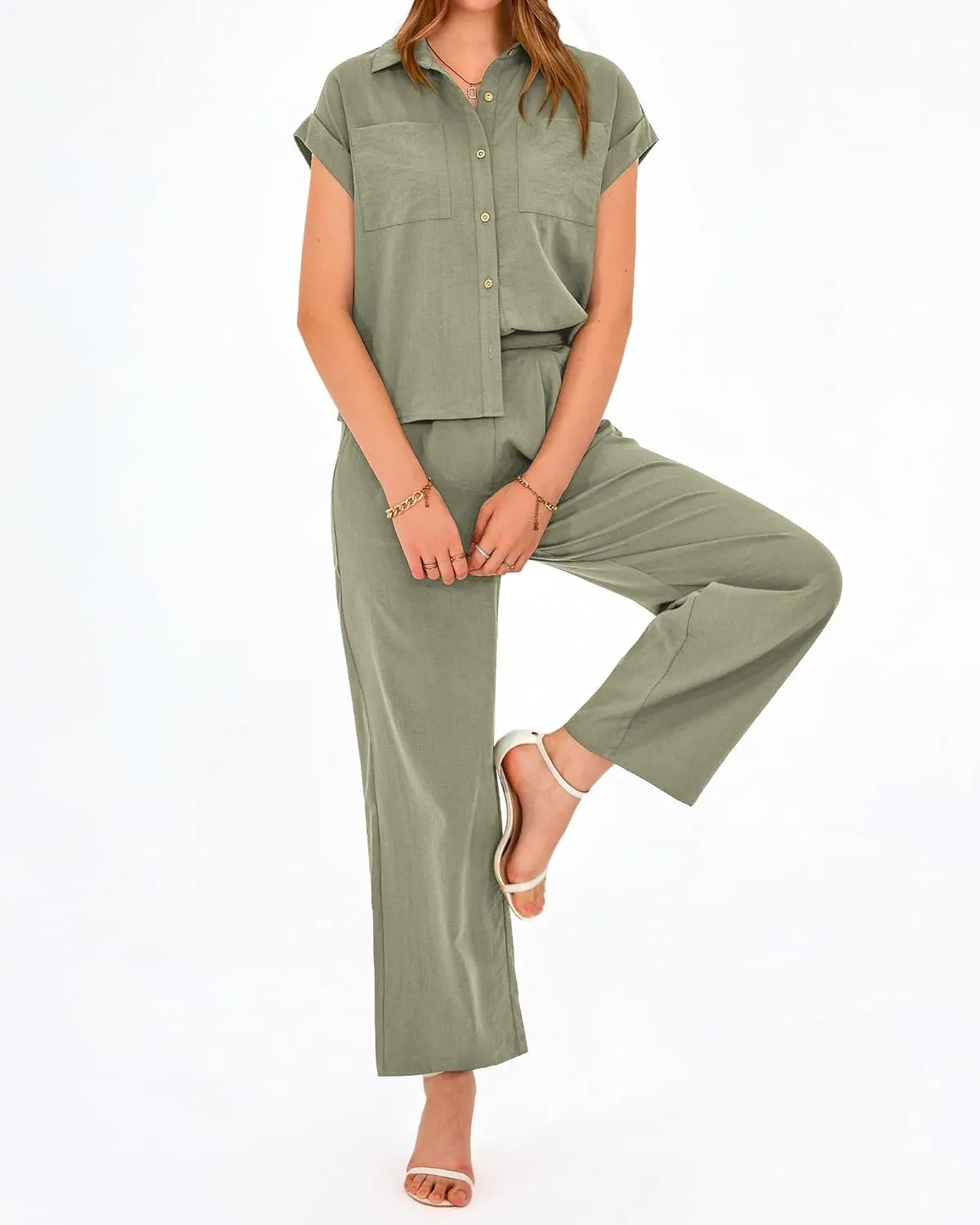 PRETTYGARDEN Womens 2 Piece sets Summer Cap Sleeve Tops Palazzo Pants Dressy Casual Vacation Travel Outfits Tracksuits