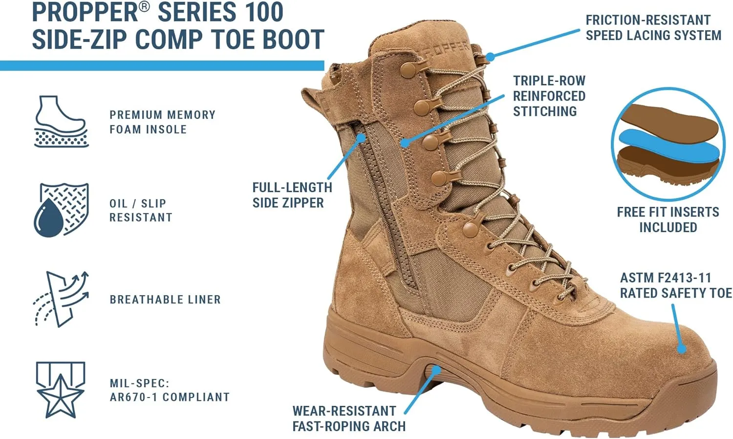 Propper Men's Series 100 Side Zip Comp Toe Coyote Boot Combat