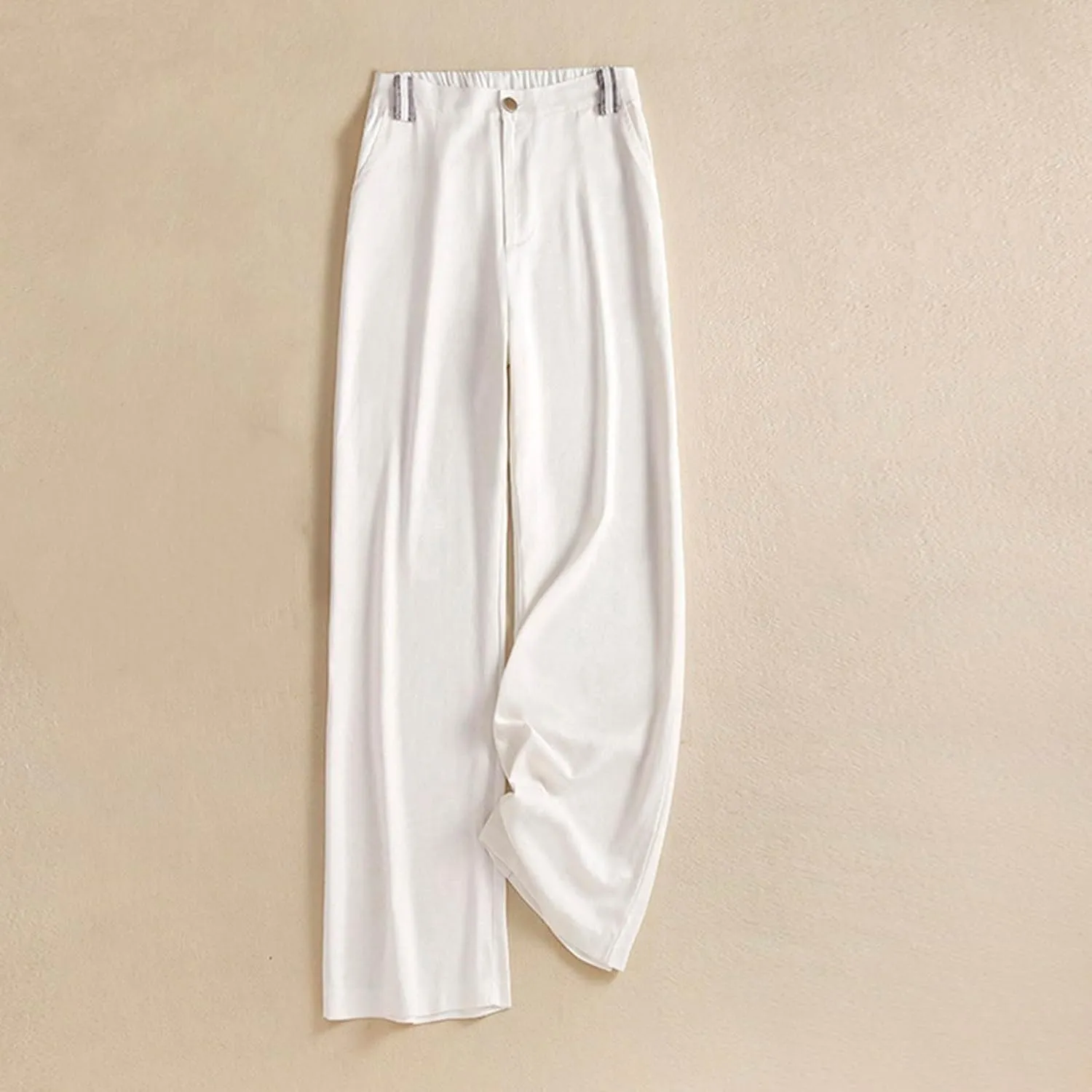 PTOLOCIF Womens Cotton Linen Pants Baggy Wide Leg Trousers Casual Patchwark Elastic Waist Harem Linen Pants with Pcokets
