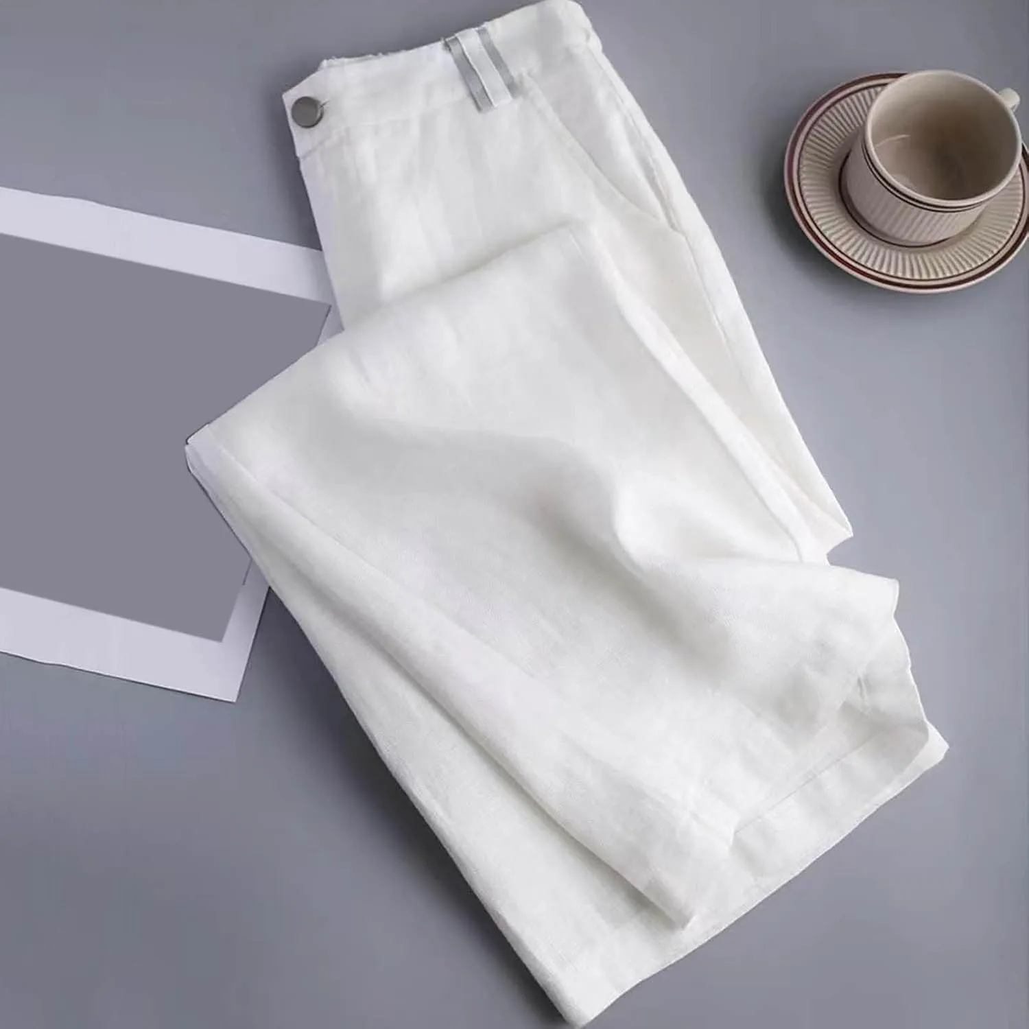 PTOLOCIF Womens Cotton Linen Pants Baggy Wide Leg Trousers Casual Patchwark Elastic Waist Harem Linen Pants with Pcokets