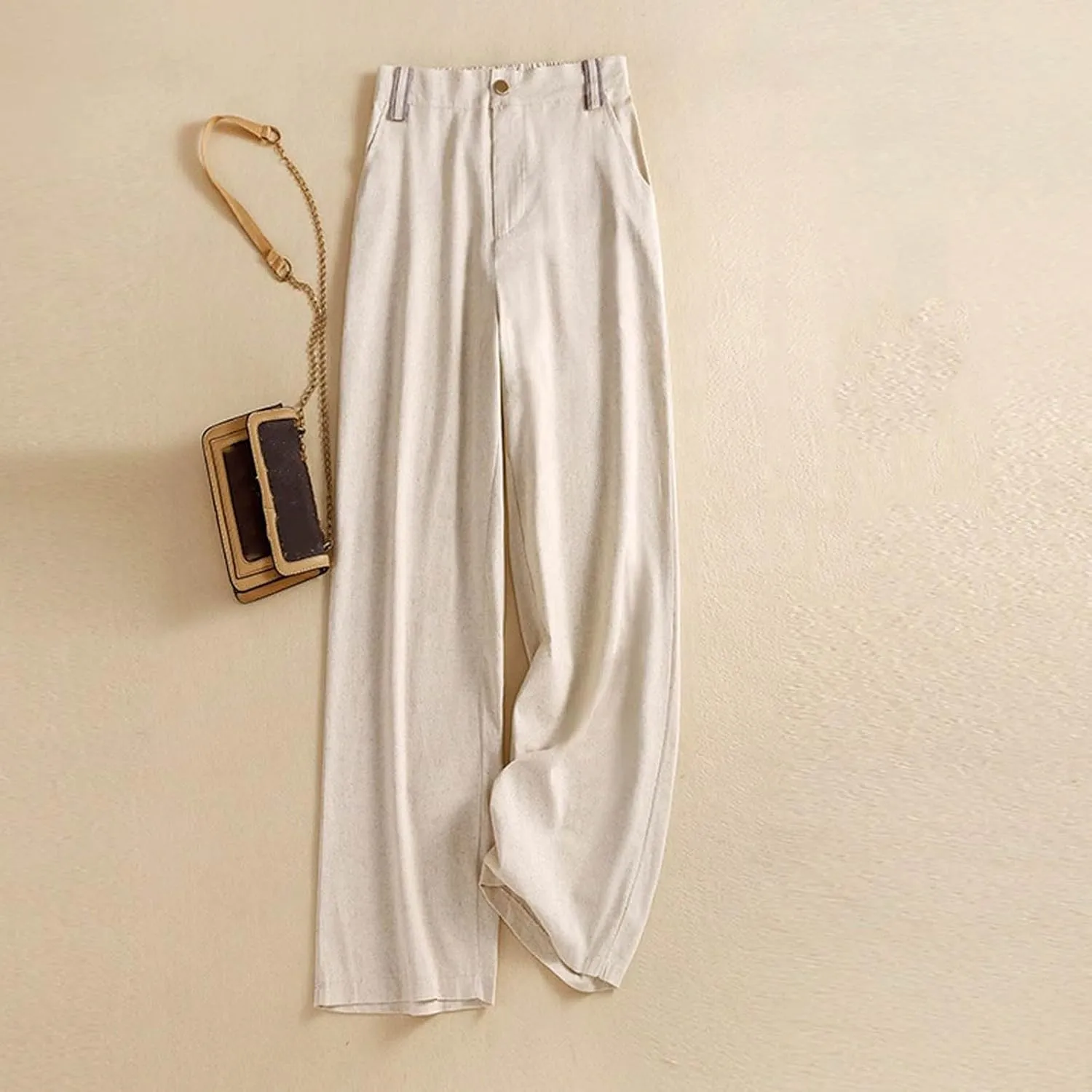 PTOLOCIF Womens Cotton Linen Pants Baggy Wide Leg Trousers Casual Patchwark Elastic Waist Harem Linen Pants with Pcokets
