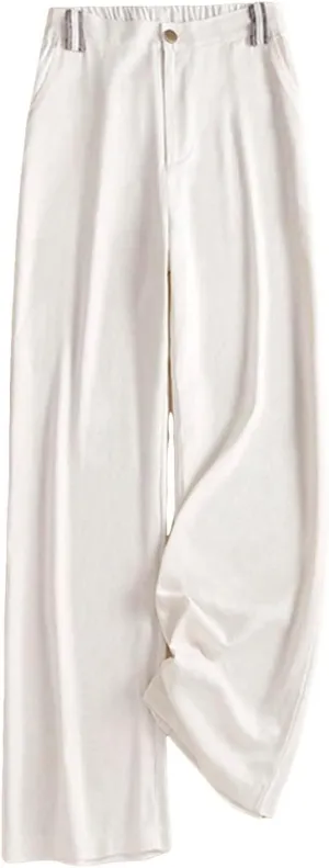 PTOLOCIF Womens Cotton Linen Pants Baggy Wide Leg Trousers Casual Patchwark Elastic Waist Harem Linen Pants with Pcokets