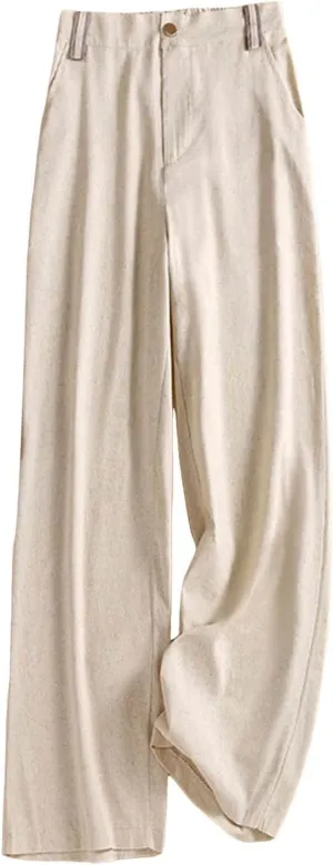 PTOLOCIF Womens Cotton Linen Pants Baggy Wide Leg Trousers Casual Patchwark Elastic Waist Harem Linen Pants with Pcokets