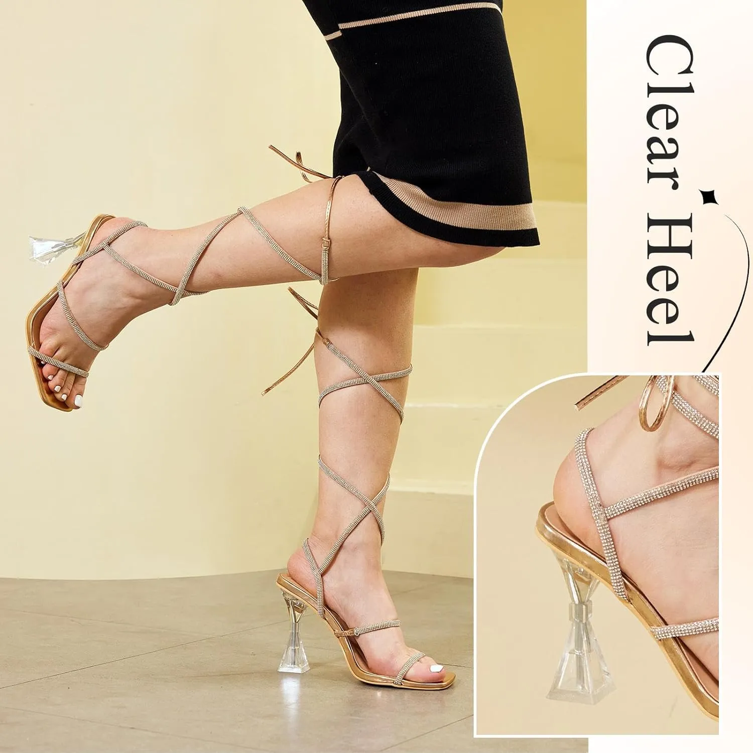 Putu Strappy Sexy Heels for Women Rhinestone Dressy Sandals Clear High Heels