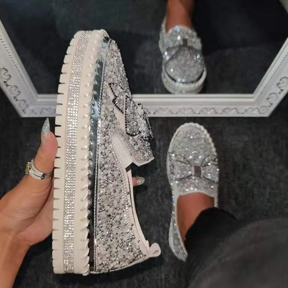 QINGCOMFACAI Women's Rhinestones Glitter Slip On Sneakers Cute Bowknot Flat Walking Loafers Platform Dress Shoes