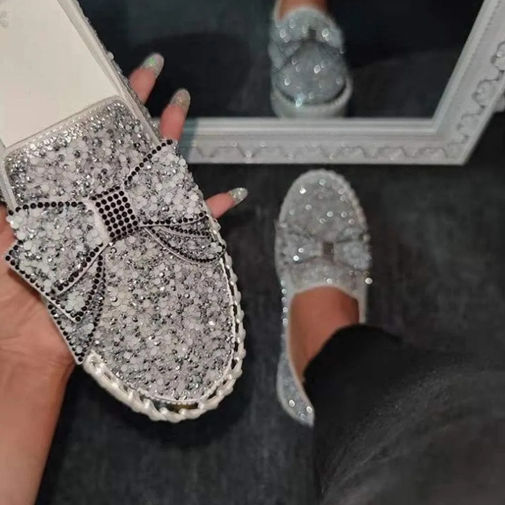 QINGCOMFACAI Women's Rhinestones Glitter Slip On Sneakers Cute Bowknot Flat Walking Loafers Platform Dress Shoes