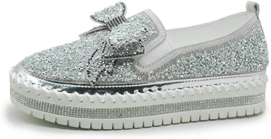 QINGCOMFACAI Women's Rhinestones Glitter Slip On Sneakers Cute Bowknot Flat Walking Loafers Platform Dress Shoes