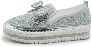 QINGCOMFACAI Women's Rhinestones Glitter Slip On Sneakers Cute Bowknot Flat Walking Loafers Platform Dress Shoes