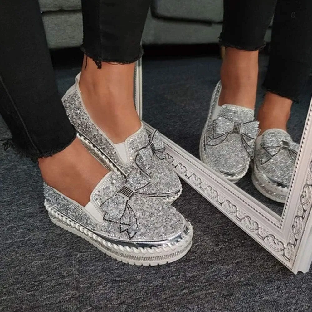 QINGCOMFACAI Women's Rhinestones Glitter Slip On Sneakers Cute Bowknot Flat Walking Loafers Platform Dress Shoes