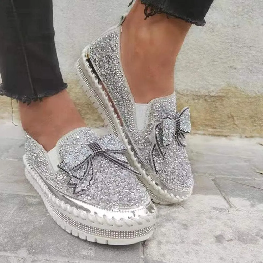 QINGCOMFACAI Women's Rhinestones Glitter Slip On Sneakers Cute Bowknot Flat Walking Loafers Platform Dress Shoes