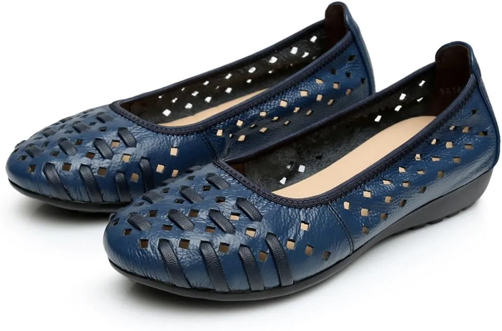 rismart Women's Hollow Comfort Slip On Leather Ballets Flats Shoes