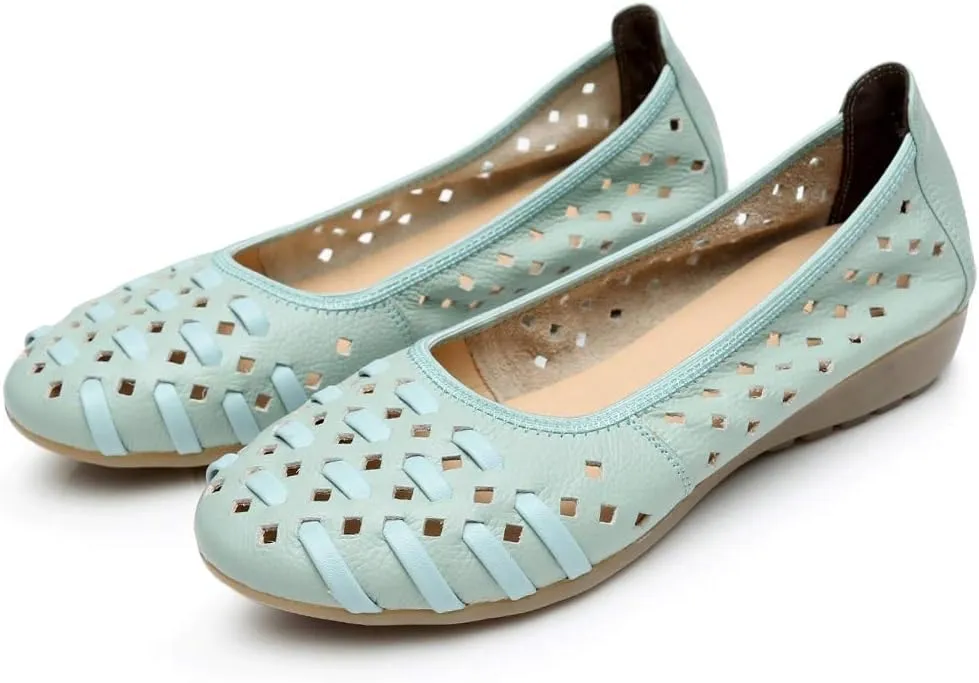 rismart Women's Hollow Comfort Slip On Leather Ballets Flats Shoes