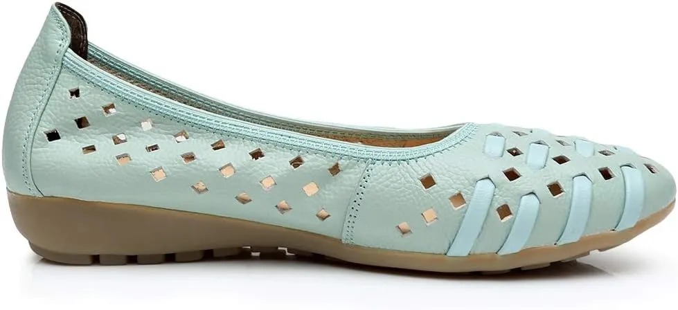 rismart Women's Hollow Comfort Slip On Leather Ballets Flats Shoes