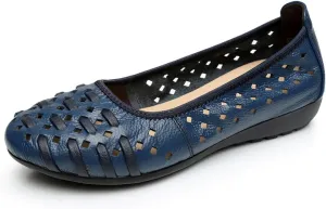 rismart Women's Hollow Comfort Slip On Leather Ballets Flats Shoes