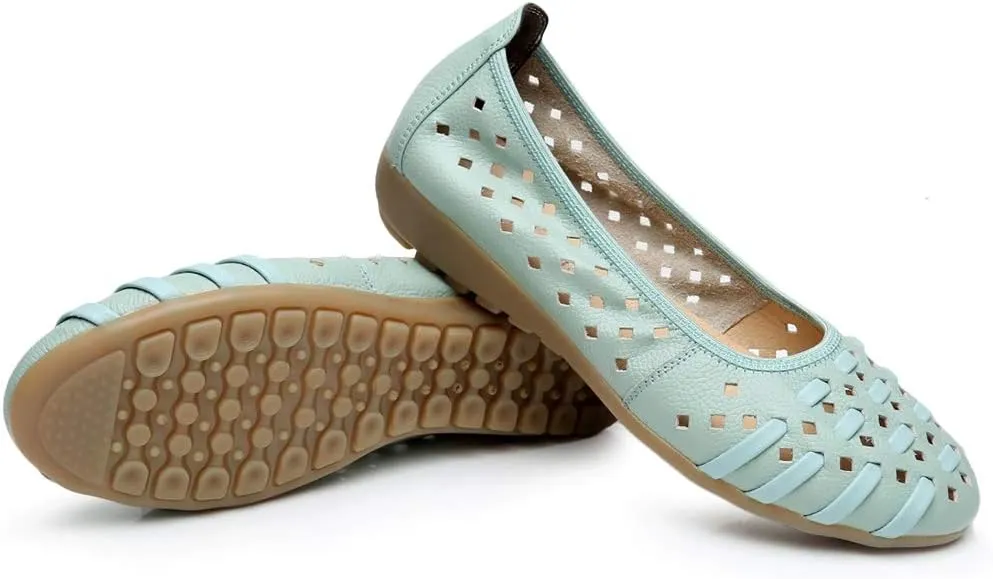 rismart Women's Hollow Comfort Slip On Leather Ballets Flats Shoes