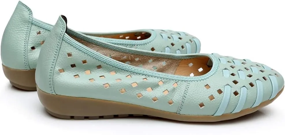 rismart Women's Hollow Comfort Slip On Leather Ballets Flats Shoes