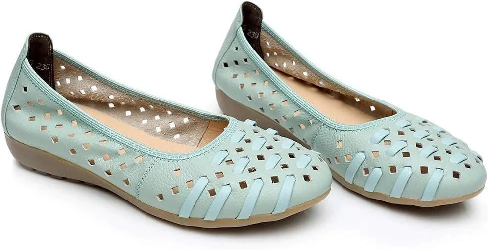 rismart Women's Hollow Comfort Slip On Leather Ballets Flats Shoes