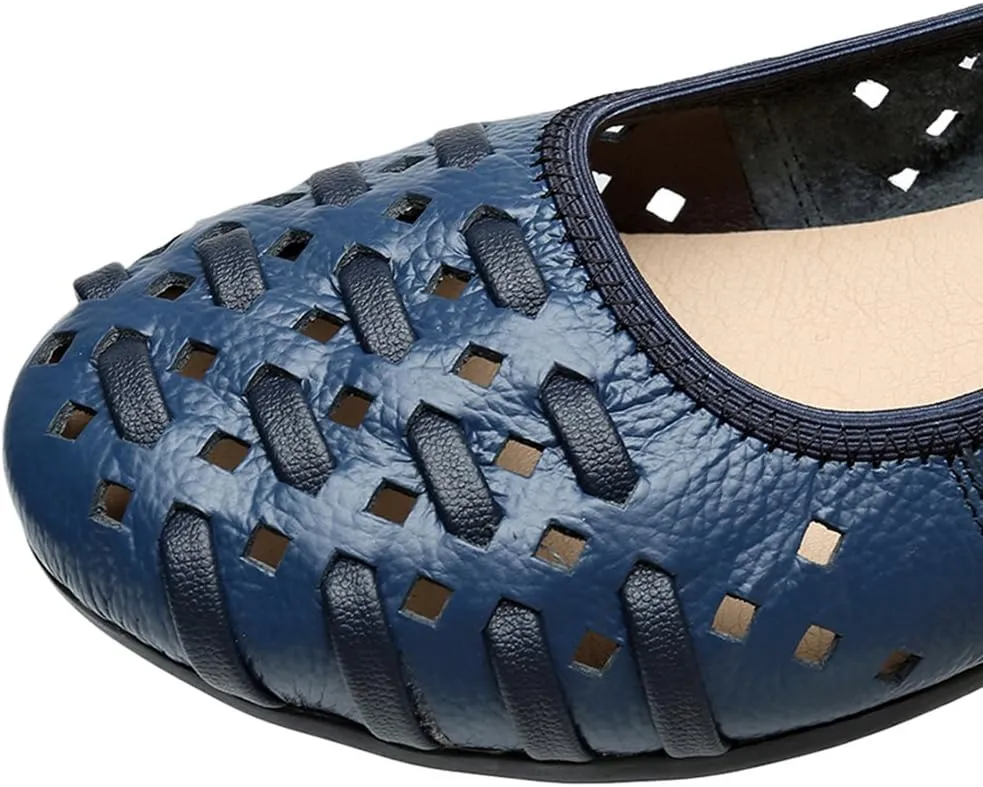 rismart Women's Hollow Comfort Slip On Leather Ballets Flats Shoes