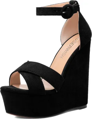 ROSERWISH Womens Open Toe Fashion Party Platform Ankle Strap Wedding Suede Sexy Wedge High Heel Heeled Sandals 6 Inch