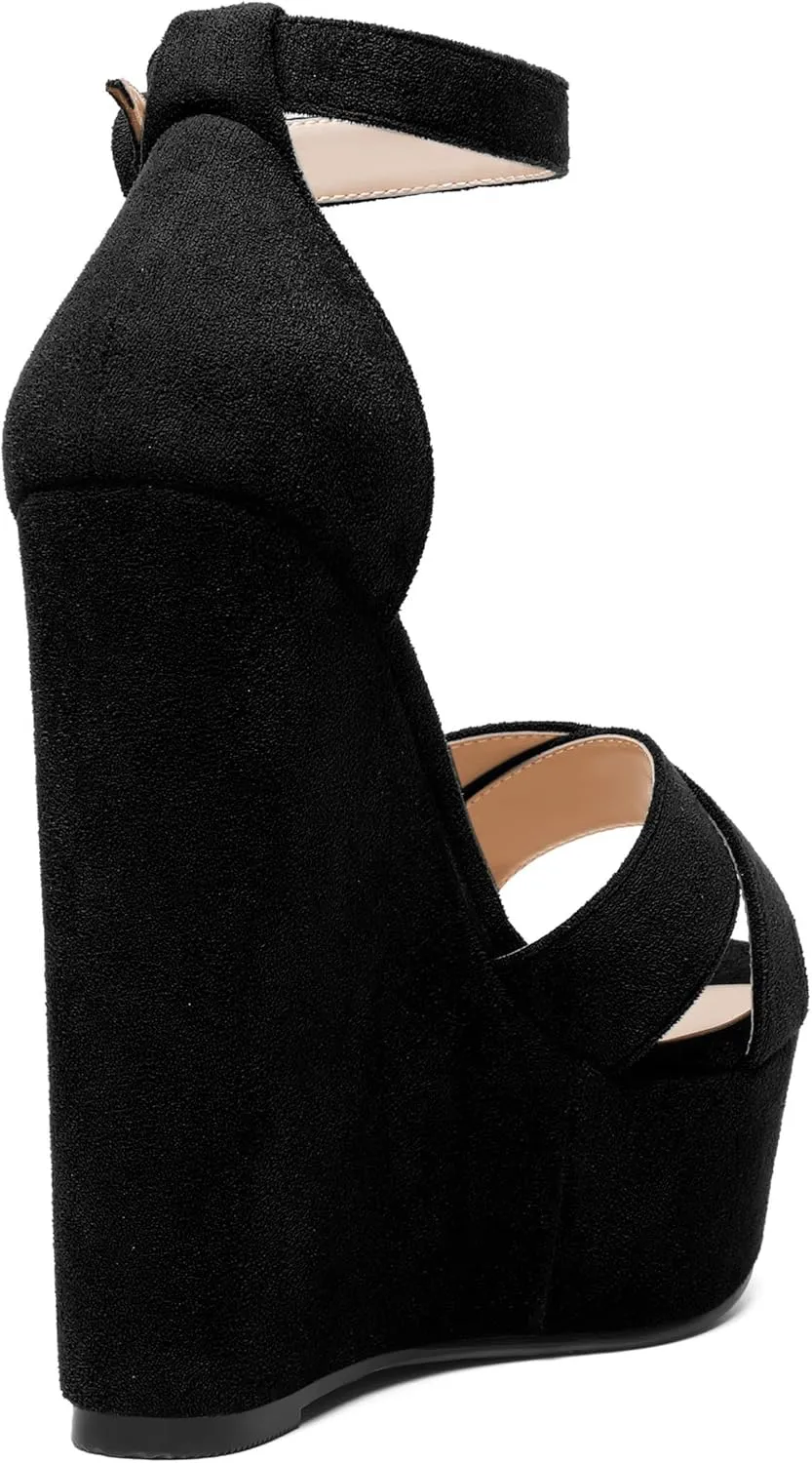 ROSERWISH Womens Open Toe Fashion Party Platform Ankle Strap Wedding Suede Sexy Wedge High Heel Heeled Sandals 6 Inch