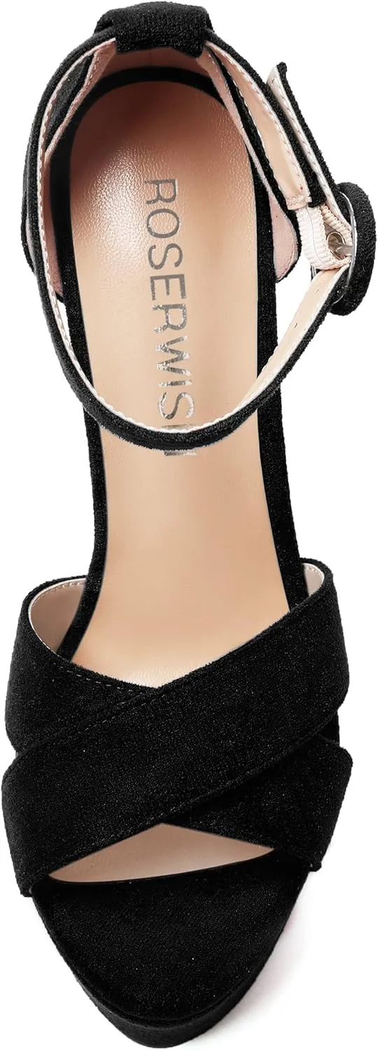 ROSERWISH Womens Open Toe Fashion Party Platform Ankle Strap Wedding Suede Sexy Wedge High Heel Heeled Sandals 6 Inch