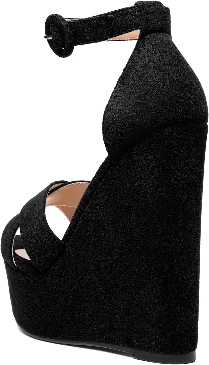 ROSERWISH Womens Open Toe Fashion Party Platform Ankle Strap Wedding Suede Sexy Wedge High Heel Heeled Sandals 6 Inch
