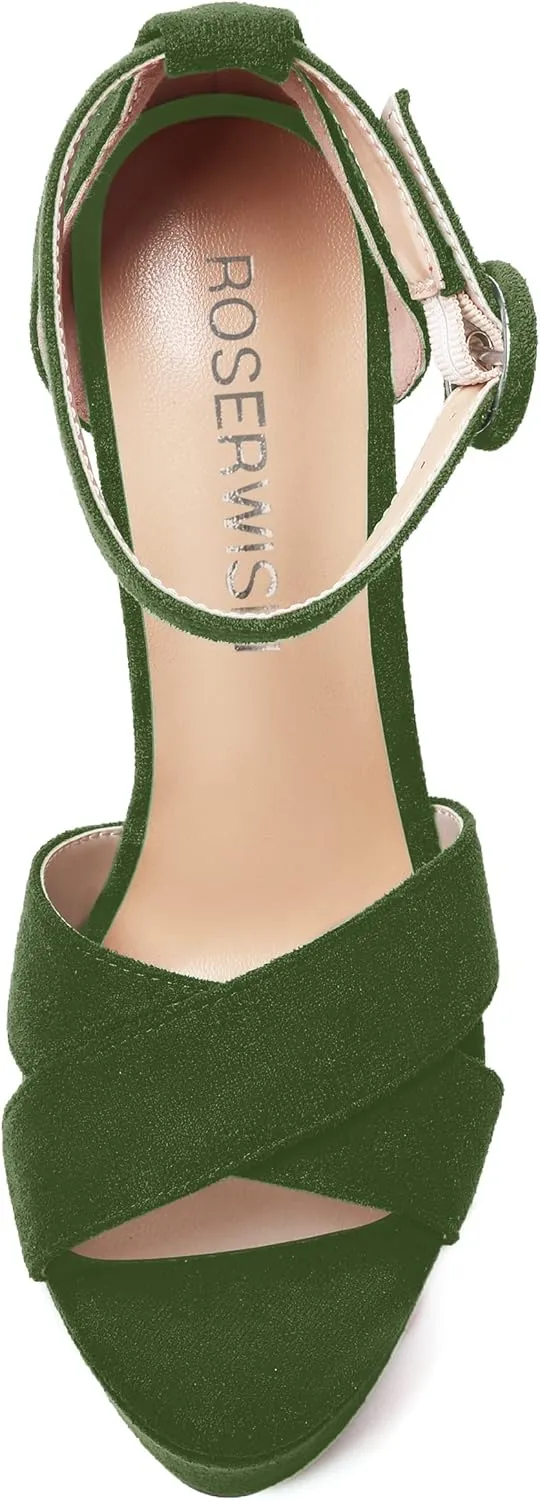 ROSERWISH Womens Open Toe Fashion Party Platform Ankle Strap Wedding Suede Sexy Wedge High Heel Heeled Sandals 6 Inch