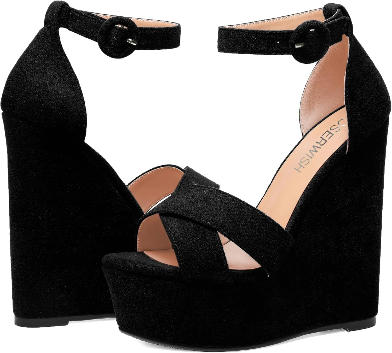 ROSERWISH Womens Open Toe Fashion Party Platform Ankle Strap Wedding Suede Sexy Wedge High Heel Heeled Sandals 6 Inch