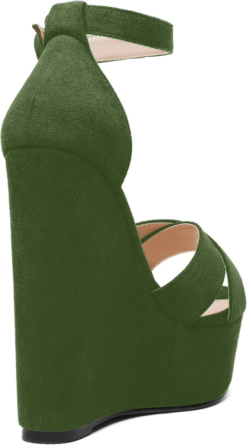 ROSERWISH Womens Open Toe Fashion Party Platform Ankle Strap Wedding Suede Sexy Wedge High Heel Heeled Sandals 6 Inch