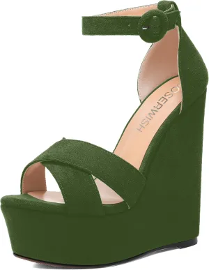 ROSERWISH Womens Open Toe Fashion Party Platform Ankle Strap Wedding Suede Sexy Wedge High Heel Heeled Sandals 6 Inch