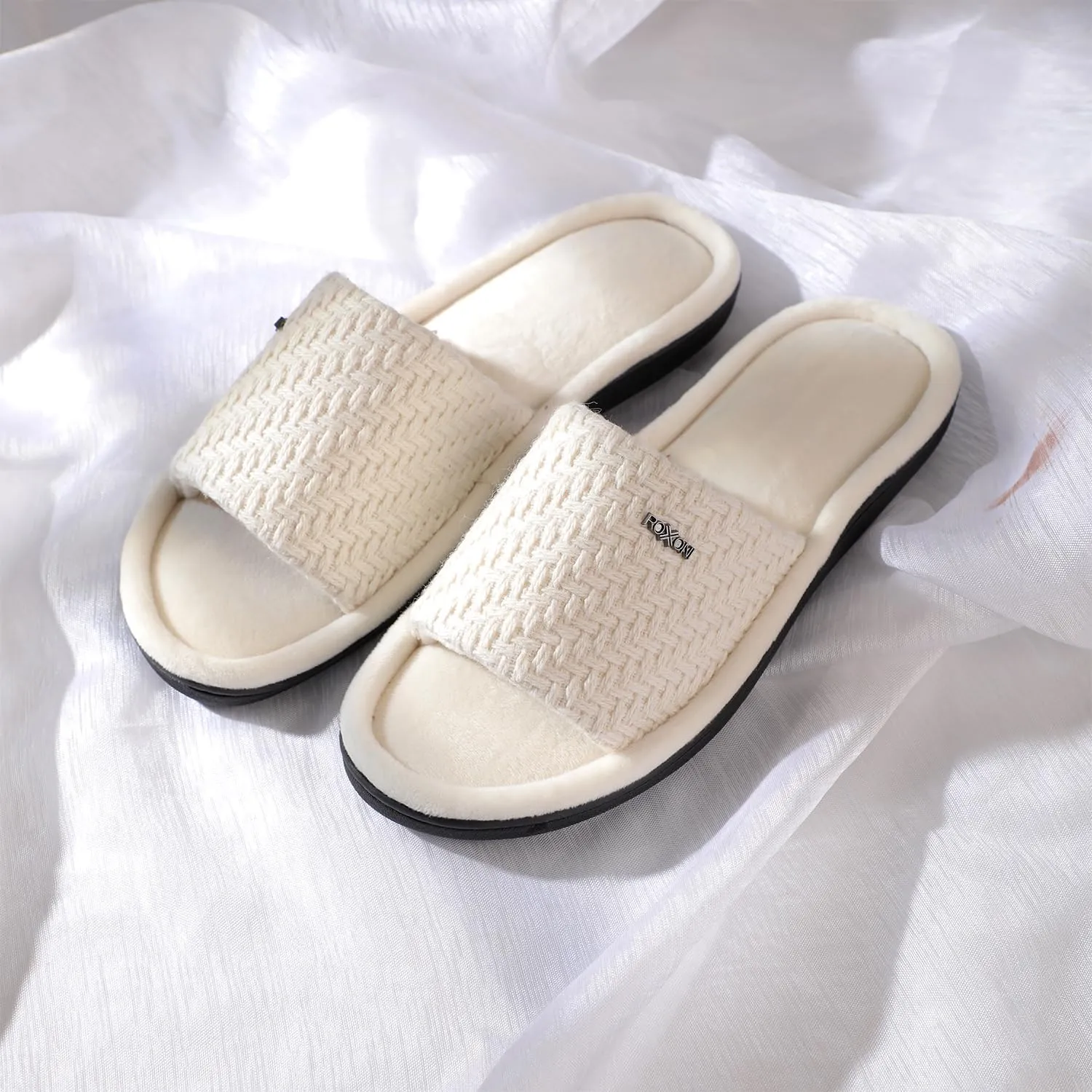 Roxoni Velvet Knit Flat Sandals for Women - Stylish Textured Woven Surface, Soft Ridge Around Insole