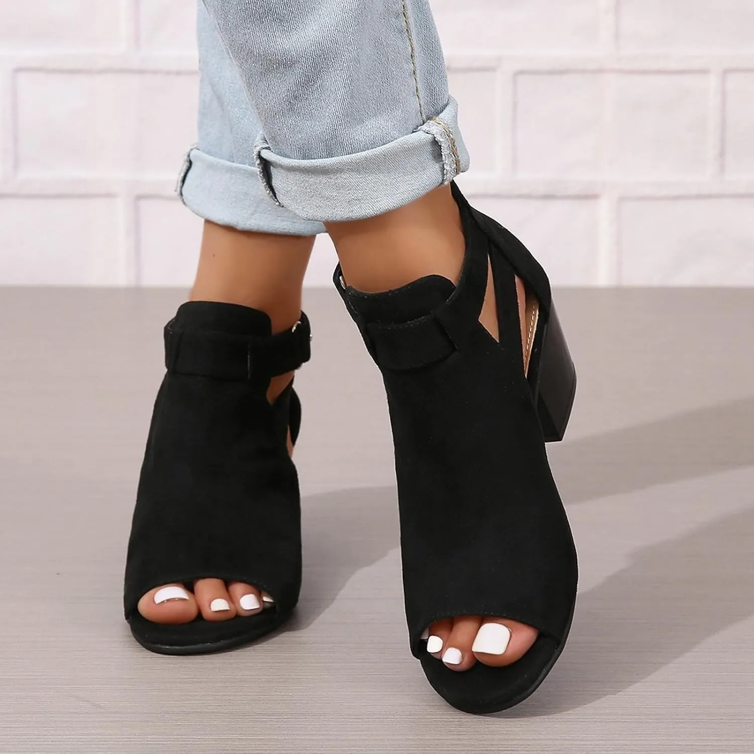 SACFOF Womens Peep Toe Booties Cutout Side Strap Mid Black Chunky Heel Cutout Sandals Ankle Bootie with Back Zipper