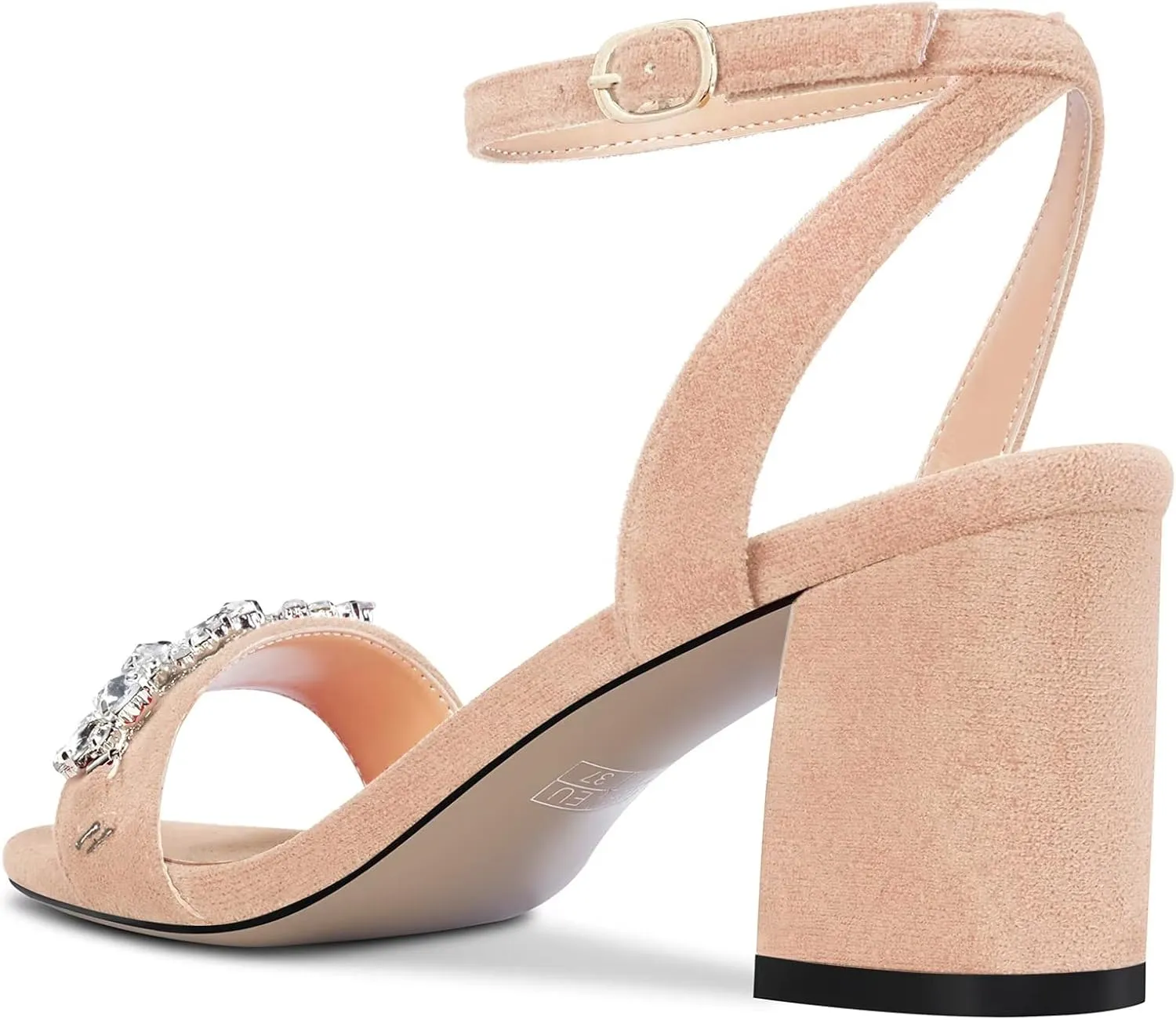 Saekcted Women Chunky Block Mid Heel Peep Open Toe Sandals Ankle Strap Rhinestone Crystal Casual Dress Shoes