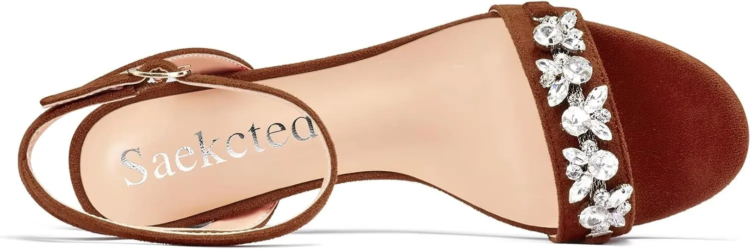 Saekcted Women Chunky Block Mid Heel Peep Open Toe Sandals Ankle Strap Rhinestone Crystal Casual Dress Shoes