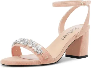 Saekcted Women Chunky Block Mid Heel Peep Open Toe Sandals Ankle Strap Rhinestone Crystal Casual Dress Shoes