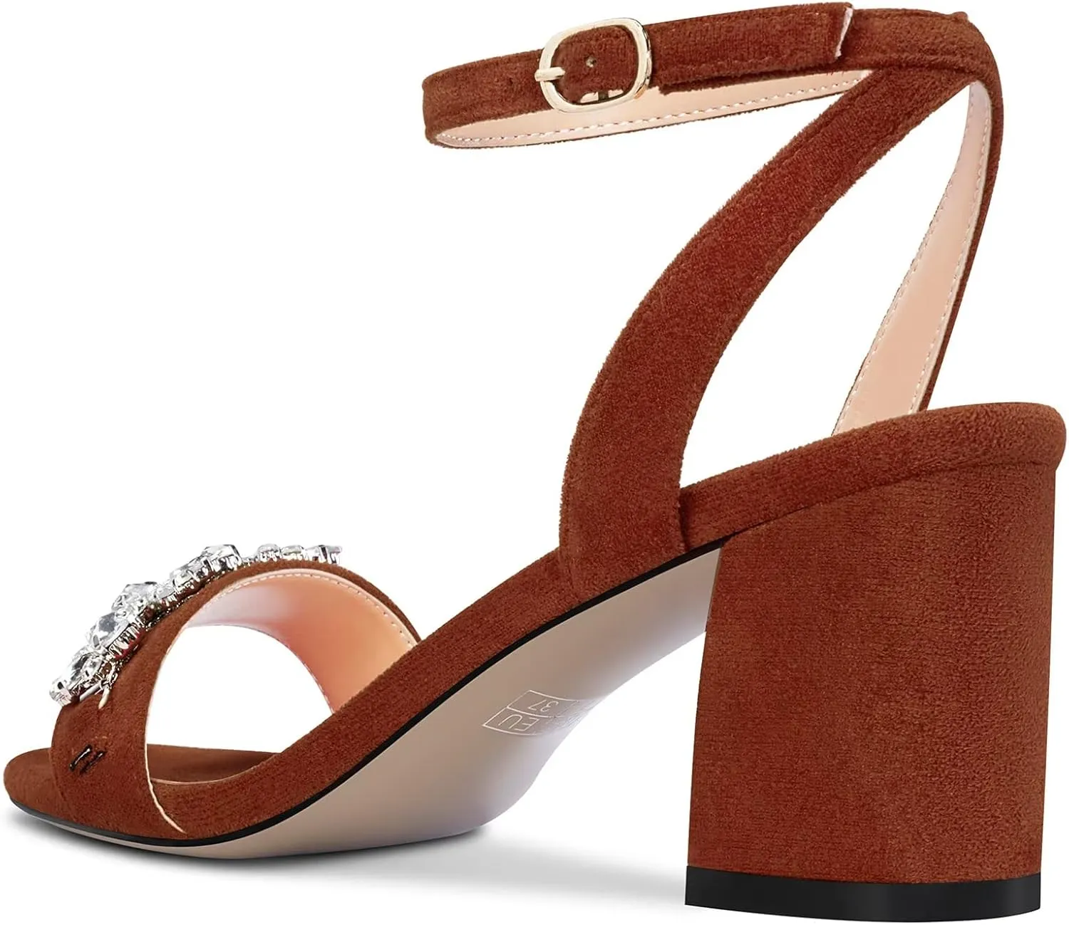 Saekcted Women Chunky Block Mid Heel Peep Open Toe Sandals Ankle Strap Rhinestone Crystal Casual Dress Shoes