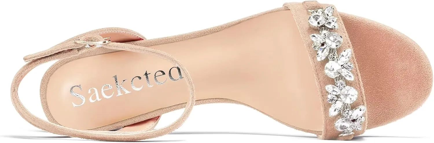 Saekcted Women Chunky Block Mid Heel Peep Open Toe Sandals Ankle Strap Rhinestone Crystal Casual Dress Shoes