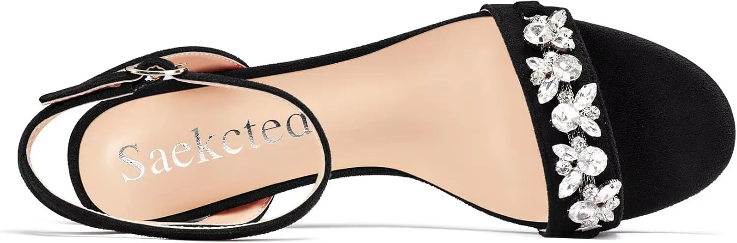 Saekcted Women Chunky Block Mid Heel Peep Open Toe Sandals Ankle Strap Rhinestone Crystal Casual Dress Shoes