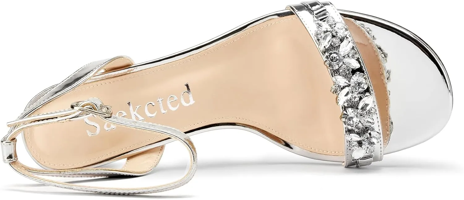 Saekcted Women Chunky Block Mid Heel Peep Open Toe Sandals Ankle Strap Rhinestone Crystal Casual Dress Shoes