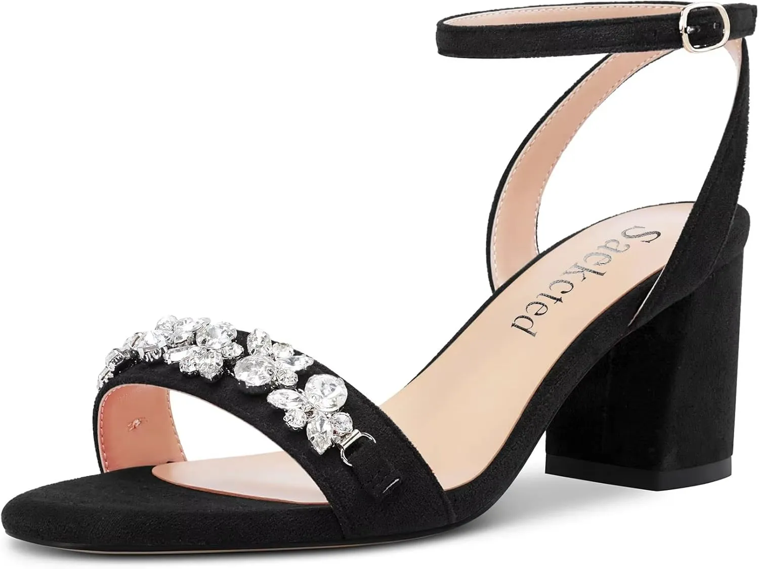 Saekcted Women Chunky Block Mid Heel Peep Open Toe Sandals Ankle Strap Rhinestone Crystal Casual Dress Shoes