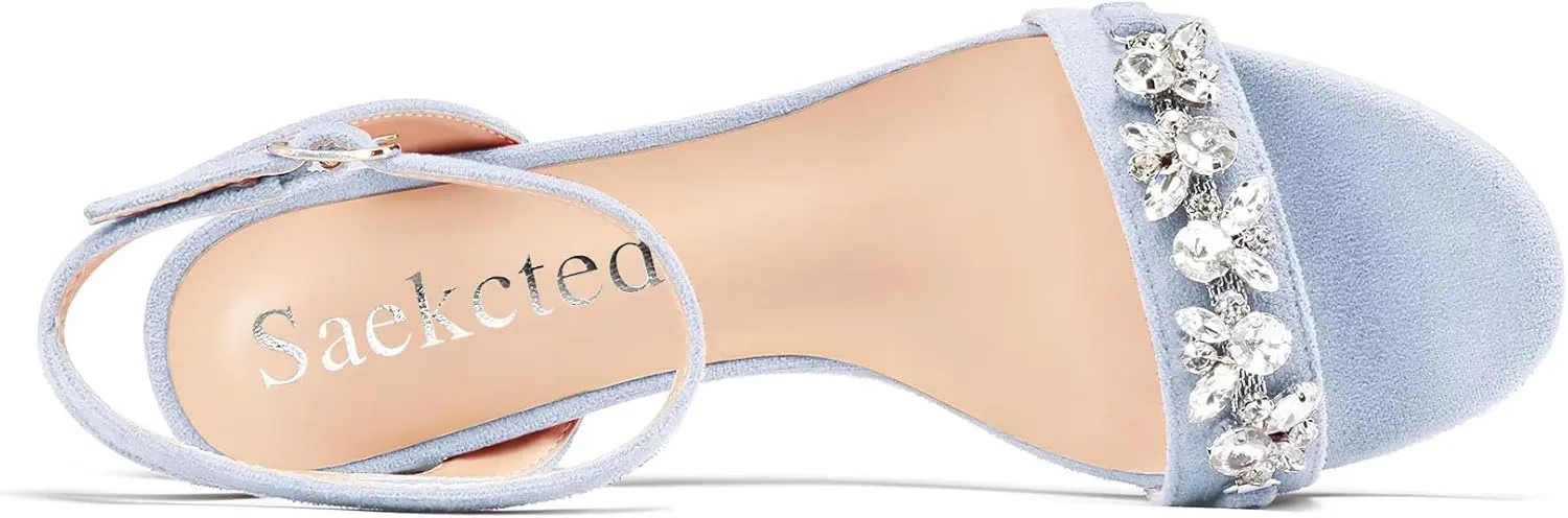 Saekcted Women Chunky Block Mid Heel Peep Open Toe Sandals Ankle Strap Rhinestone Crystal Casual Dress Shoes