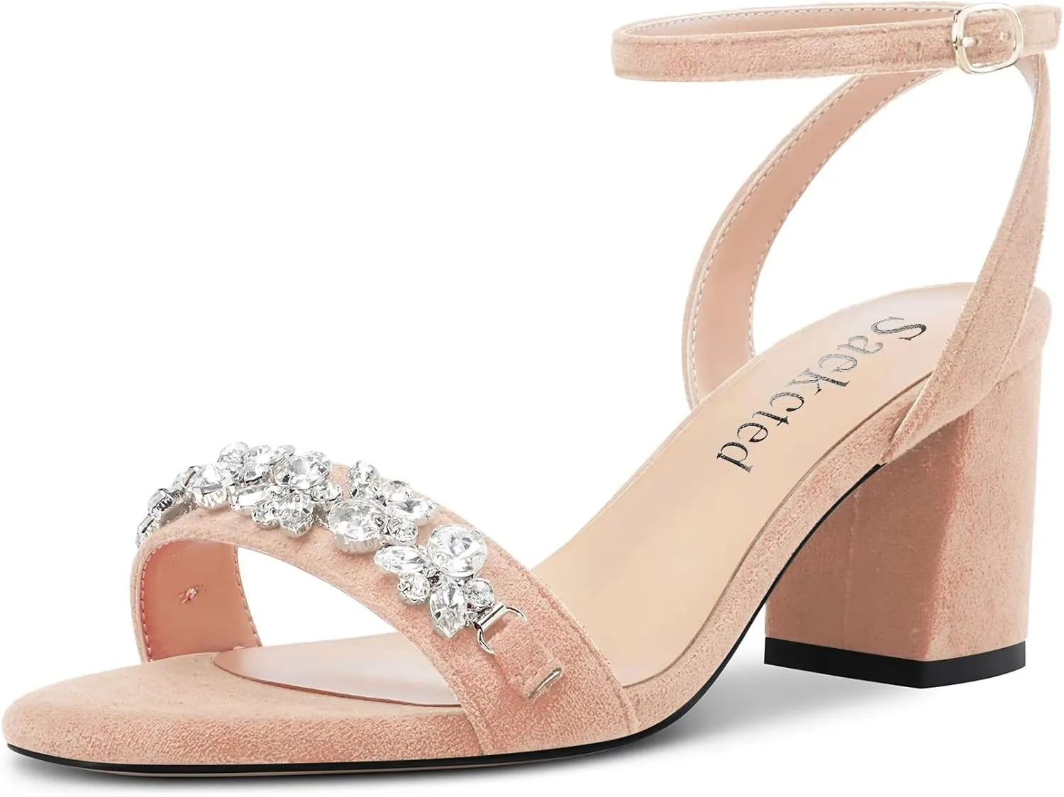 Saekcted Women Chunky Block Mid Heel Peep Open Toe Sandals Ankle Strap Rhinestone Crystal Casual Dress Shoes